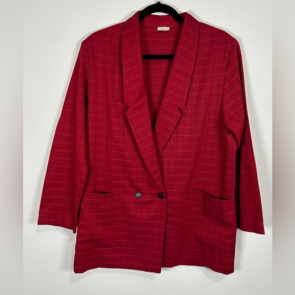 Vintage Red Check Plaid Double Breasted Blazer By Saddlebred Size Large - Picture 2 of 8